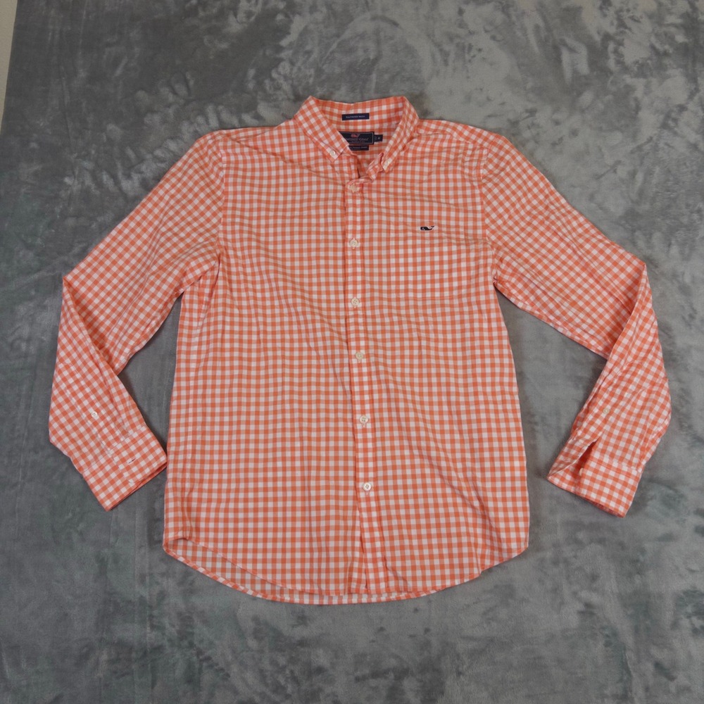 Vineyard Vines Button Down Mens Medium Orange Gingham Slim Fit Tucker Shirt